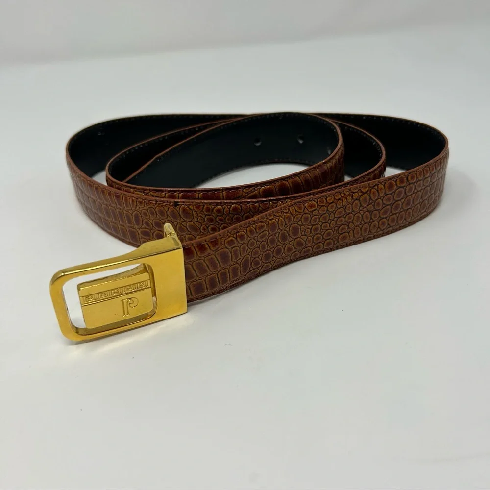 Vintage Pierre Cardin Logo Belt Croc Embossed Brown Leather Gold‎ Buckle Size L